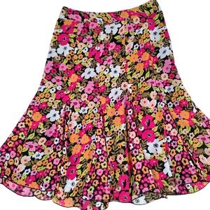 Kim Rogers Signature Floral Ruffle Hem A-Line Skirt Pink Orange Yellow Small